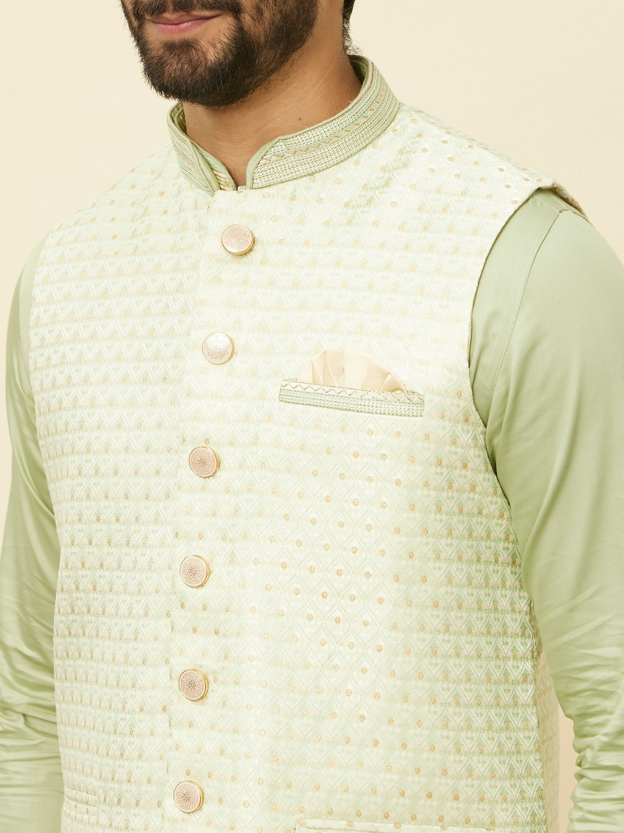 alt message - Manyavar Men Lime Green Self Patterned Jacket Set image number 1